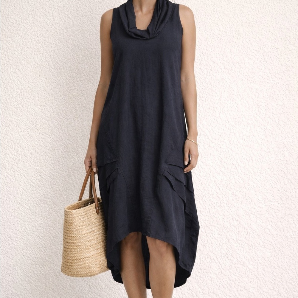For Cynthia Linen Blend Cowl Neck Dress | Navy Blue | Asymmetrical Hem | - Picture 10 of 10
